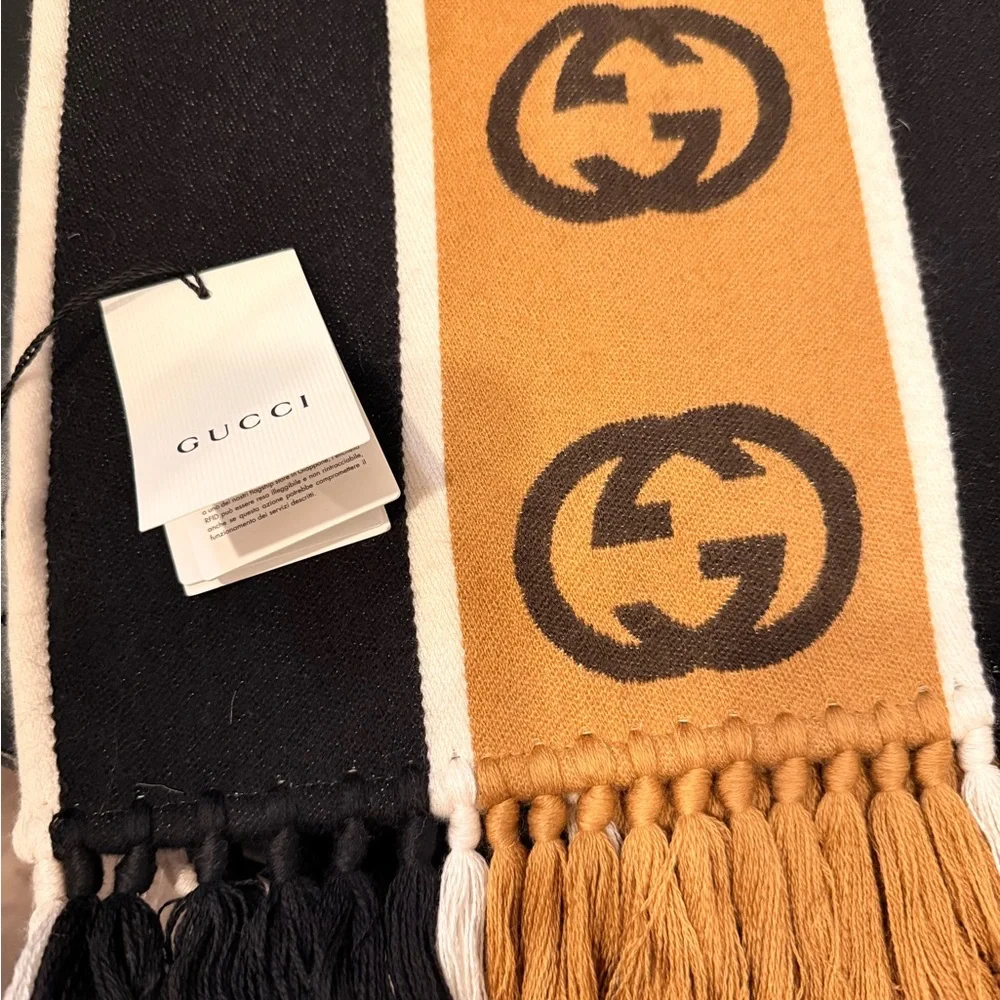 Gucci Camel, Brown & Black GG Logo Knit Scarf wool New with Tags - Picture 6 of 8